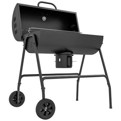 Barrel Charcoal BBQ Grill Barbecue Smoker with 420 sq.in. Cooking Area, Wheels, Ash Catcher, Black