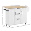 Kitchen Island with Drop Leaf, Rolling Kitchen Cart on Wheels with 3 Drawers, 2 Cabinets, Natural Wood Top, Spice Rack and Towel Rack, White