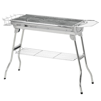 Charcoal Barbecue Grill, Stainless Steel Portable Folding Charcoal BBQ Grill, Stainless Steel Camp Picnic Cooker, Silver
