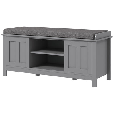 Modern Shoe Storage Bench, Entry Way Bench with Cushion, 2 Sliding Doors, Storage Ottoman Bench, Holds 10 Pairs, Gray