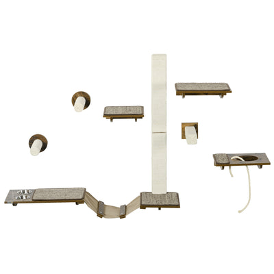 Cat Wall Shelves , Cat Wall Furniture with Perches, Scratching Posts, Ladder, Bowls, 8PCs Wall Mounted Cat Shelves for Playing, Brown
