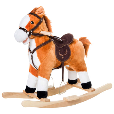 Kids Plush Toy Rocking Horse, Wooden Ride-on Chair, Plush Animal Rocker with Realistic Sounds and Moving Tail for Toddlers, Brown