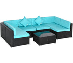 7-Piece Patio Furniture Sets Outdoor Wicker Conversation Sets PE Rattan Sectional sofa set with Cushions & Glass Desktop, Turquoise