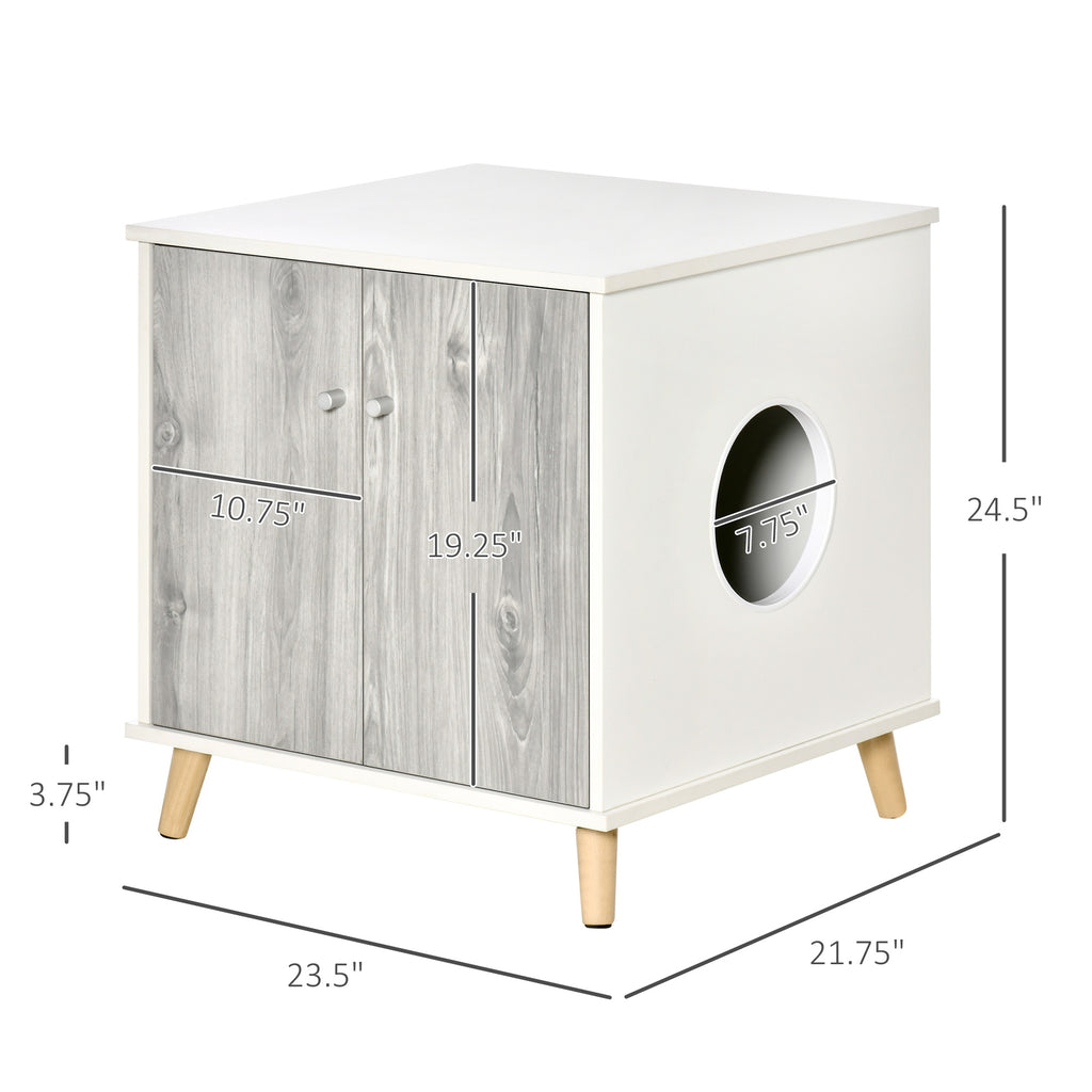 Wooden Cat Litter Box Enclosure Washroom Pet Decorative Kitten House Nightstand End Table Indoor with 2 Magnetic Door Wide Tabletop White