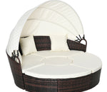 4-Piece Rattan Patio Furniture Set, Round Convertible Daybed or Sunbed with Adjustable Sun Canopy, Sectional Sofa, 2 Chairs, Table, 3 Pillows, Cream White