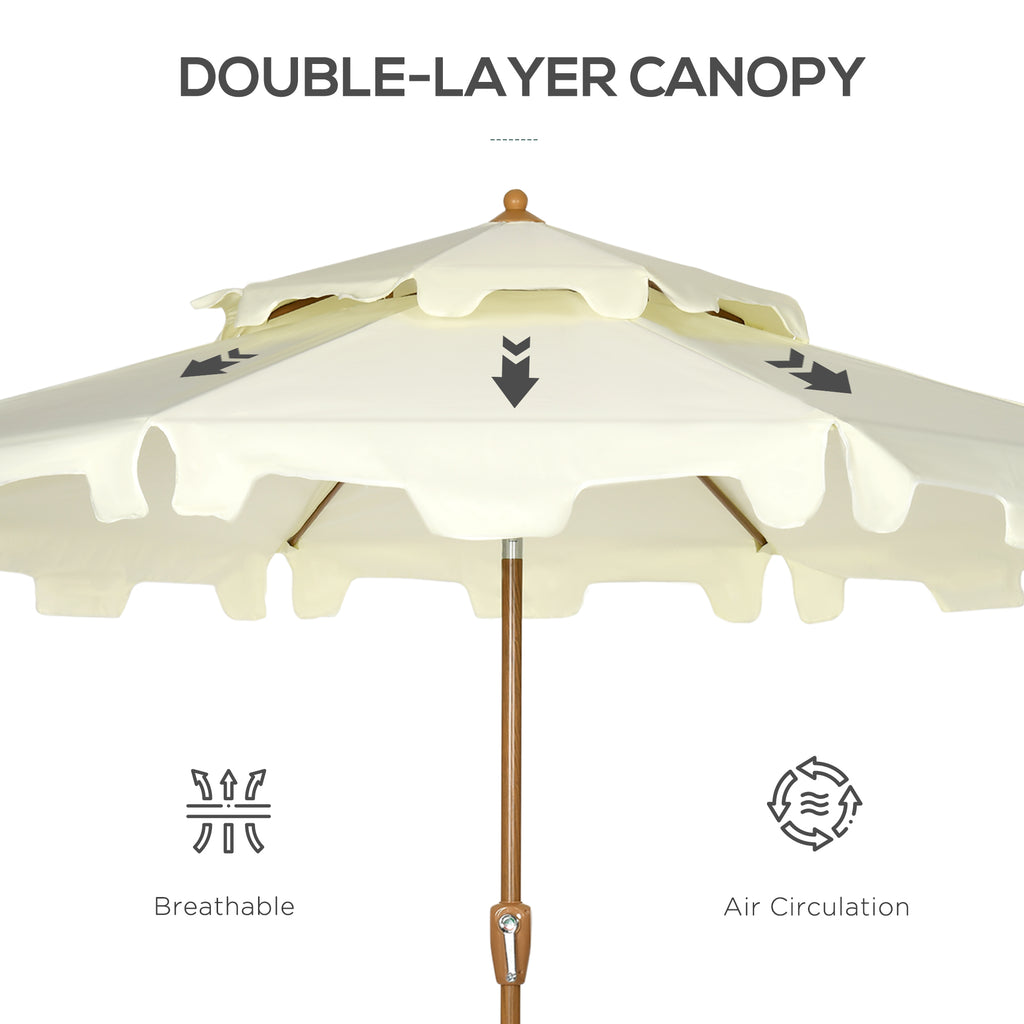9' Patio Umbrella with Push Button Tilt and Crank, Double Top Ruffled Outdoor Market Table Umbrella with 8 Ribs, for Garden, Deck, Pool, Cream White