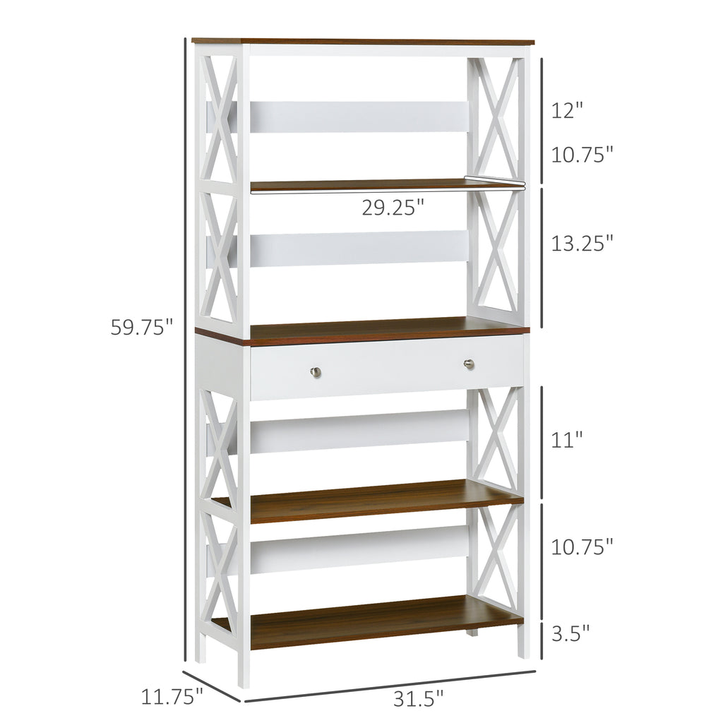 4-Tier Shelving Bookcase Storage Cupboard Modern Book Shelf with Pull Out Drawer, and Wooden Frame with X Bar Stability, White