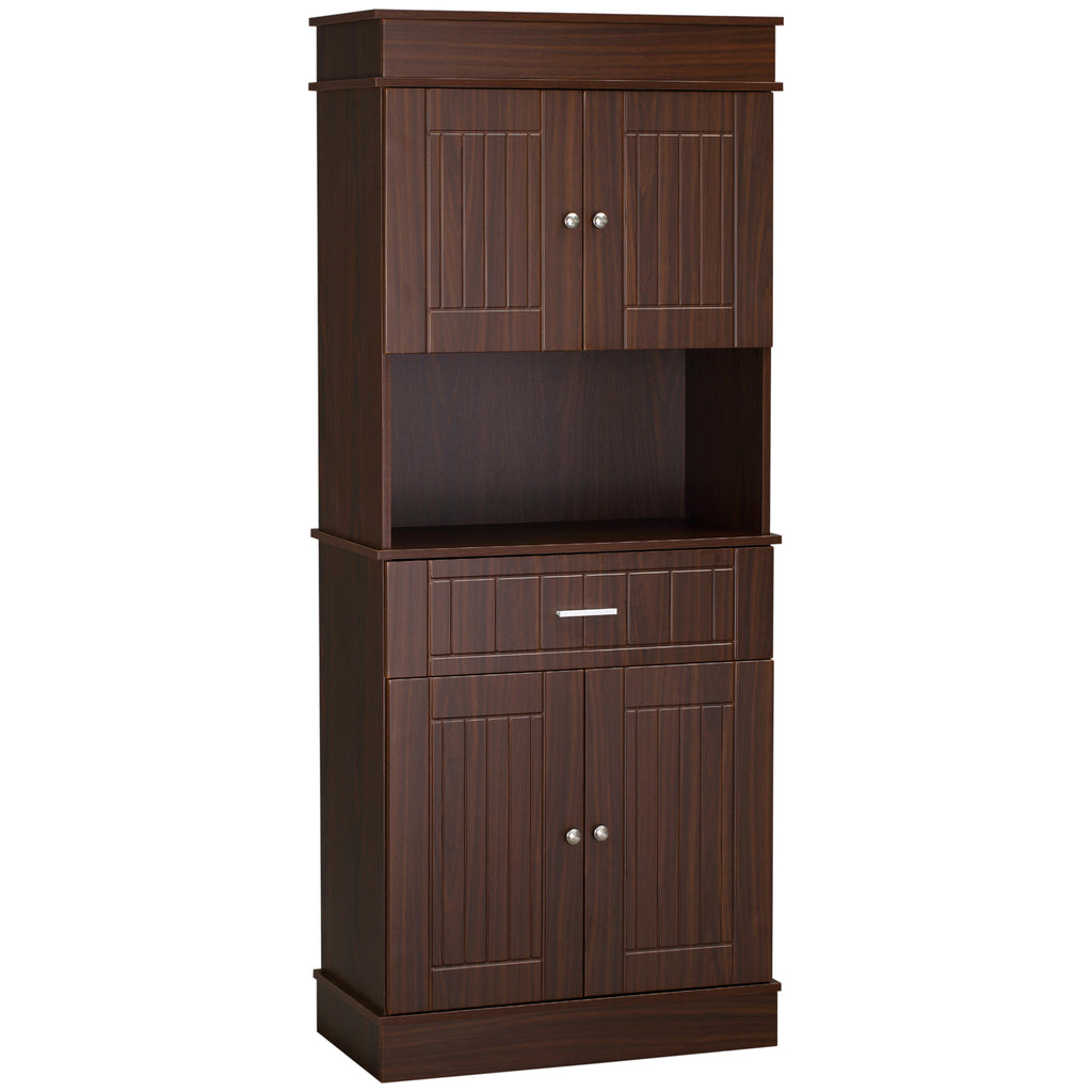 72" Kitchen Buffet with Hutch, Freestanding Pantry Cupboard with Utility Drawer, 2 Door Cabinets and Countertop, Brown