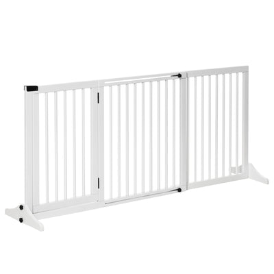 Adjustable Wooden Pet Gate Freestanding Dog Barrier Fence Doorway 3 Panels Safety Gate w/ Lockable Door, White 44.5