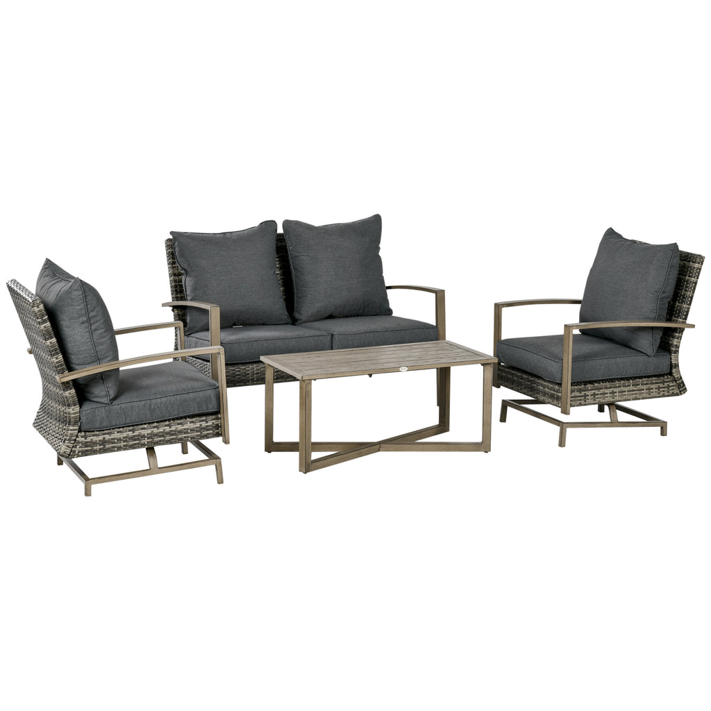 4 Piece Patio Furniture Set with Cushions, Outdoor Conversation Sets with Rattan Rocking Chair, Wicker Loveseat and Aluminum Coffee Table for Backyard, Lawn and Pool, Gray