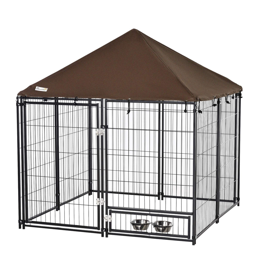 Outdoor Dog Kennel Puppy Play Pen with Canopy Garden Playpen Fence Crate Enclosure Cage Rotating Bowl, 55.5" x 55.5" x 48", Black