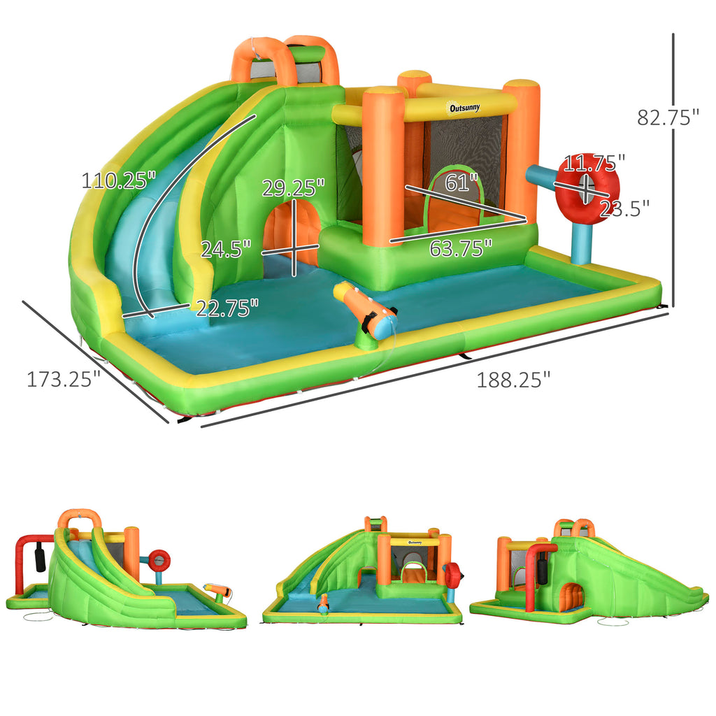 7-in-1 Inflatable Water Slide, Kids Castle Bounce House Includes Slide, trampoline, Pool, Water Gun, Ball-target, Boxing Post, Tunnel with Carry Bag, Repair Patches, 750W Air Blower
