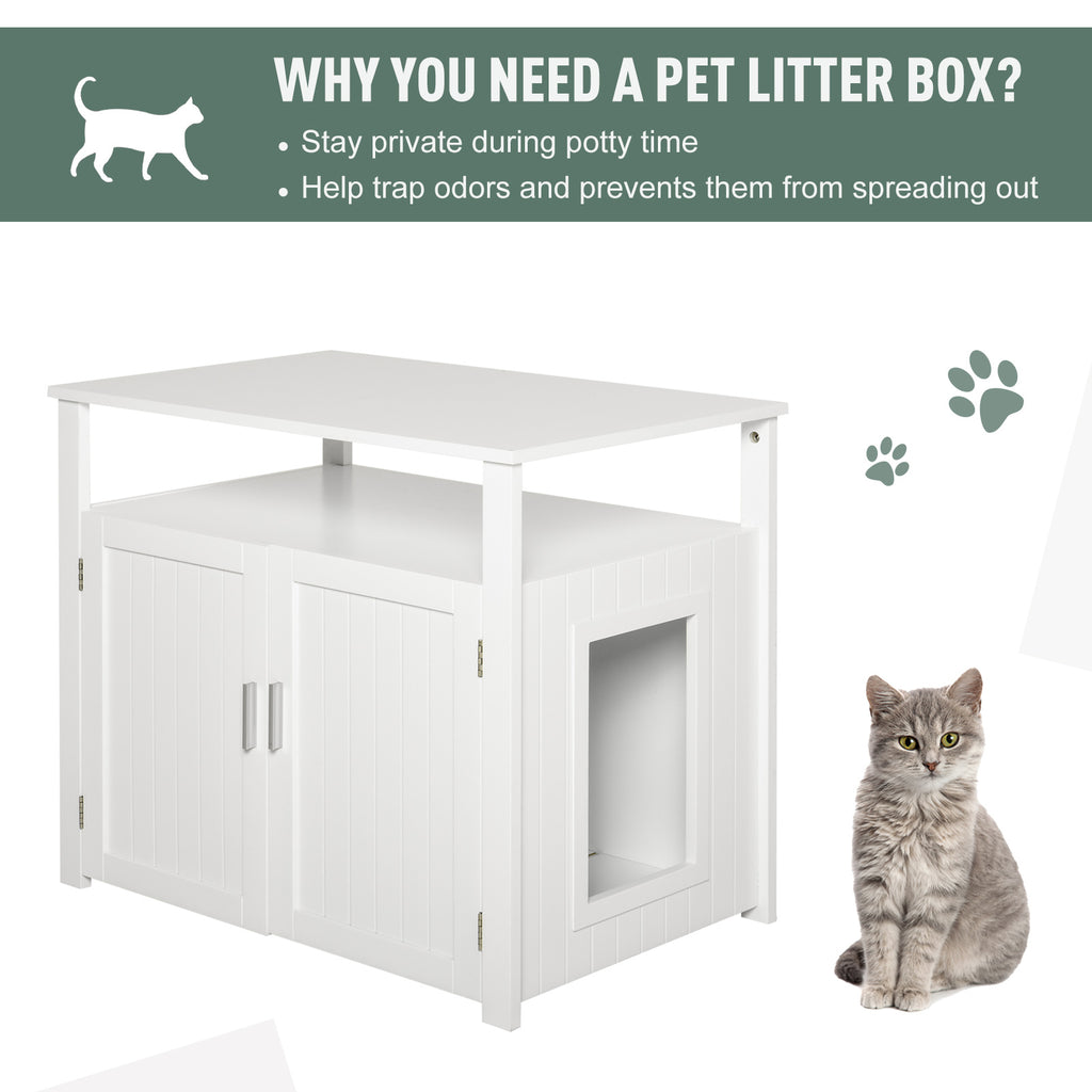 Wooden Cat Litter Box Enclosure Furniture with Adjustable Interior Wall & Large Tabletop for Nightstand  White