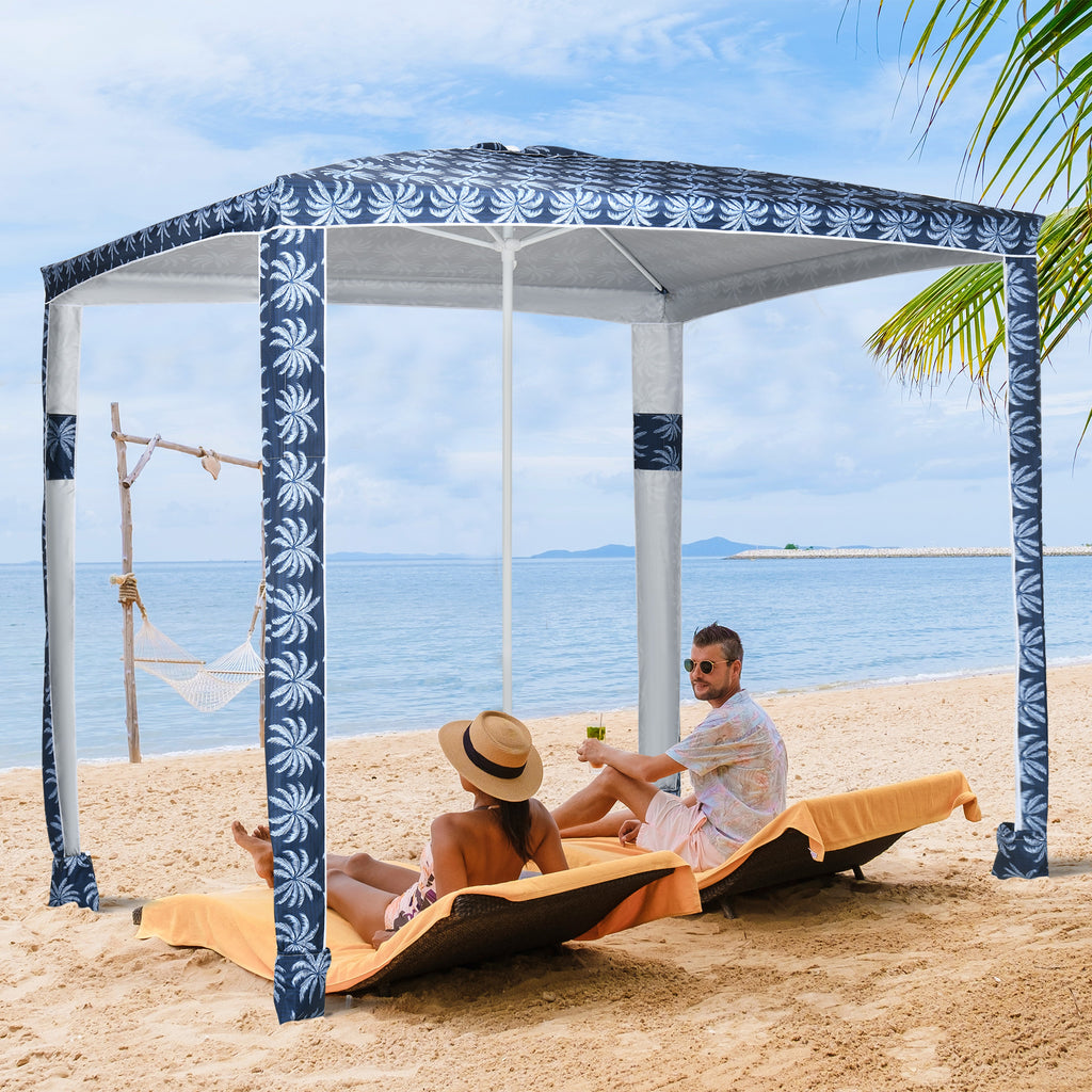 Quick Beach Cabana Canopy Umbrella, 8' Easy-Assembly Sun-Shade Shelter with Sandbags and Carry Bag, Cool UV50+ Fits Kids & Family, Blue Coconut Palm