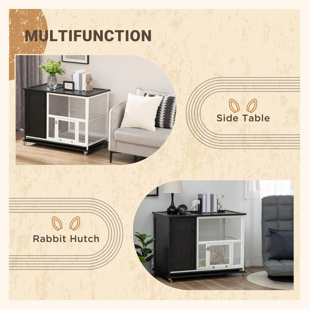 Indoor Rabbit Hutch Furniture with Wheels, Bunny Cage, Side Table with Removable Tray, 38" L x 22" x 29.5", Black