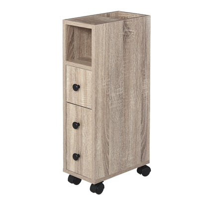 Freestanding Compact Design Bathroom Cabinet with 2 Open Cabinets  1 Door Cabinet  1 Drawer and 4 Rolling Wheels  Oak Grain Color