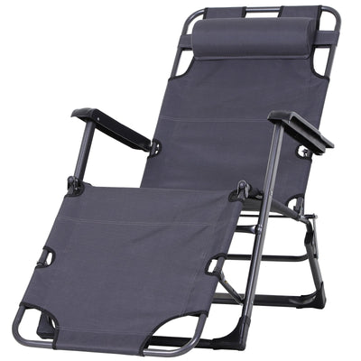 Folding Lounger Chair Metal Frame Outdoor Pool Sun Lounger Curved Reclining Chair 120Â° /180Â° W/ Head Pillow Grey