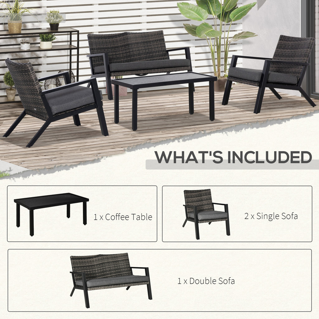 4-Piece Patio Sofa Set Outdoor Wicker Patio Conversation Sets with Removable Cushion and Coffee Table for Balcony, Backyard Black and Grey