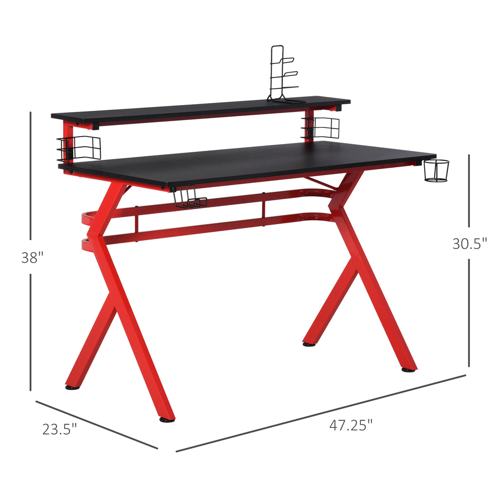 47" Gaming Desk Computer Table for Home Office with Elevated Monitor Stand, Headphone Hook, Cup Holder, and Controller Rack, Red/Black