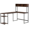 L-Shaped Home Office Desk with Bottom Tower Shelf, 3 Cube Shelves, Computer Writing Desk with Metal Frame, Walnut Brown