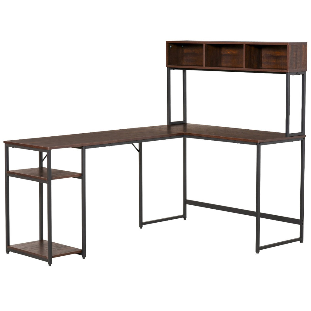 L-Shaped Home Office Desk with Bottom Tower Shelf, 3 Cube Shelves, Computer Writing Desk with Metal Frame, Walnut Brown