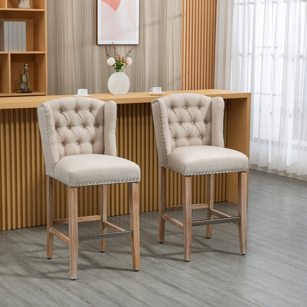 Counter Height Bar Stools Set of 2, Upholstered 26.75" Seat Height Barstools, Breakfast Chairs with Nailhead-Trim, Tufted Back and Wood Legs, Beige