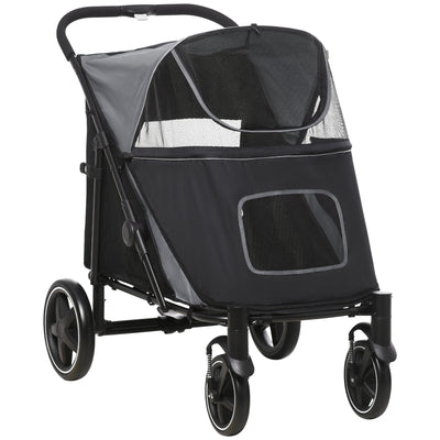 Pet Stroller with Universal Front Wheels, Shock Absorber, One Click Foldable Dog Cat Carriage with Brakes, Storage Bags, Mesh Window, Safety Leash for Large & Medium-sized Dogs, Gray
