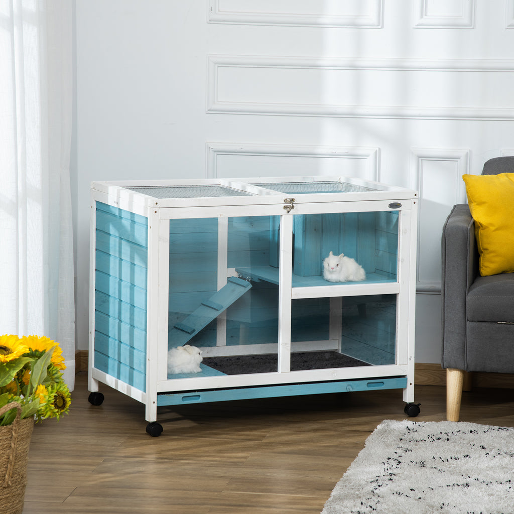 Rabbit Hutch Indoor, 2-Story Bunny Hutch, Wooden Guinea Pig Cage, Small Animal House, with Tray, Casters, Lockable Doors, Ramp, Light Blue