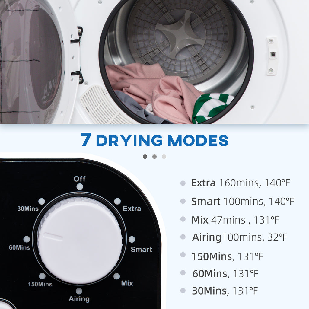 Compact Laundry Dryer Machine, 1300W, 3.22Cu. Ft. Electric Portable Clothes Dryer with 7 Drying Modes for Apartment or Dorm, White