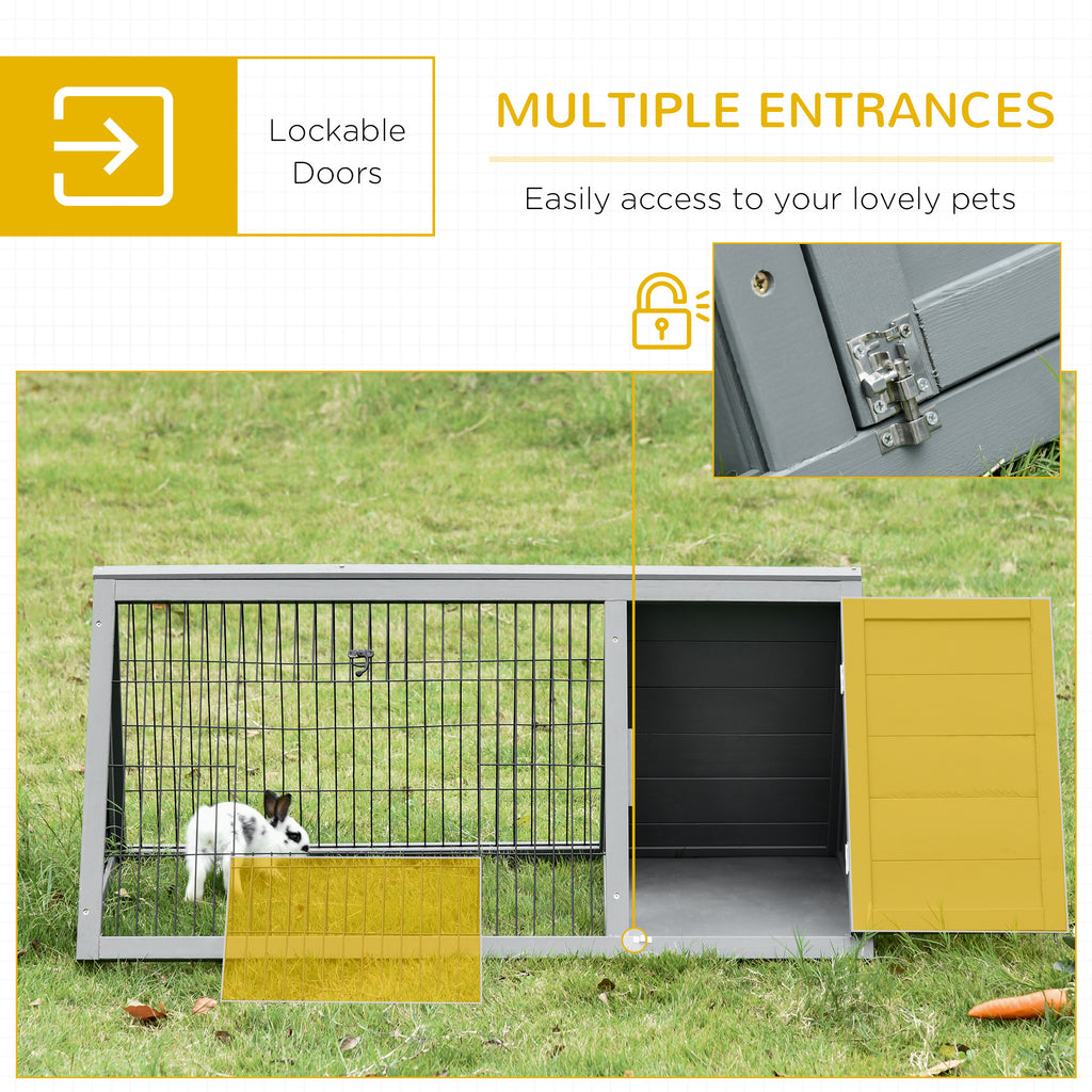 46" x 24" Wooden A-Frame Outdoor Rabbit Cage Small Animal Hutch with Outside Run & Ventilating Wire, Grey