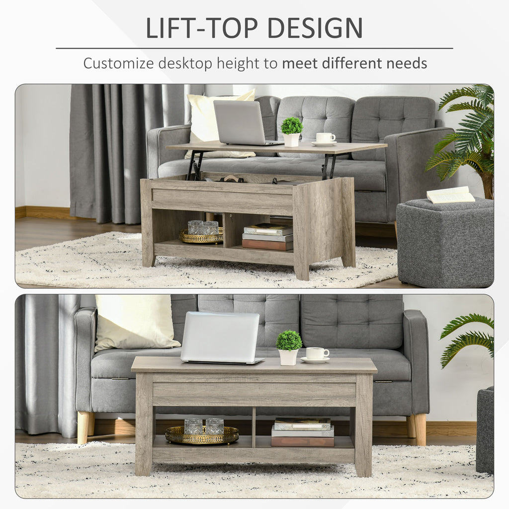42" Lift Top Coffee Table with Hidden Storage Compartment and Open Shelves, Lift Tabletop Pop-Up Accent Table for Living Room, Oak Wood Grain