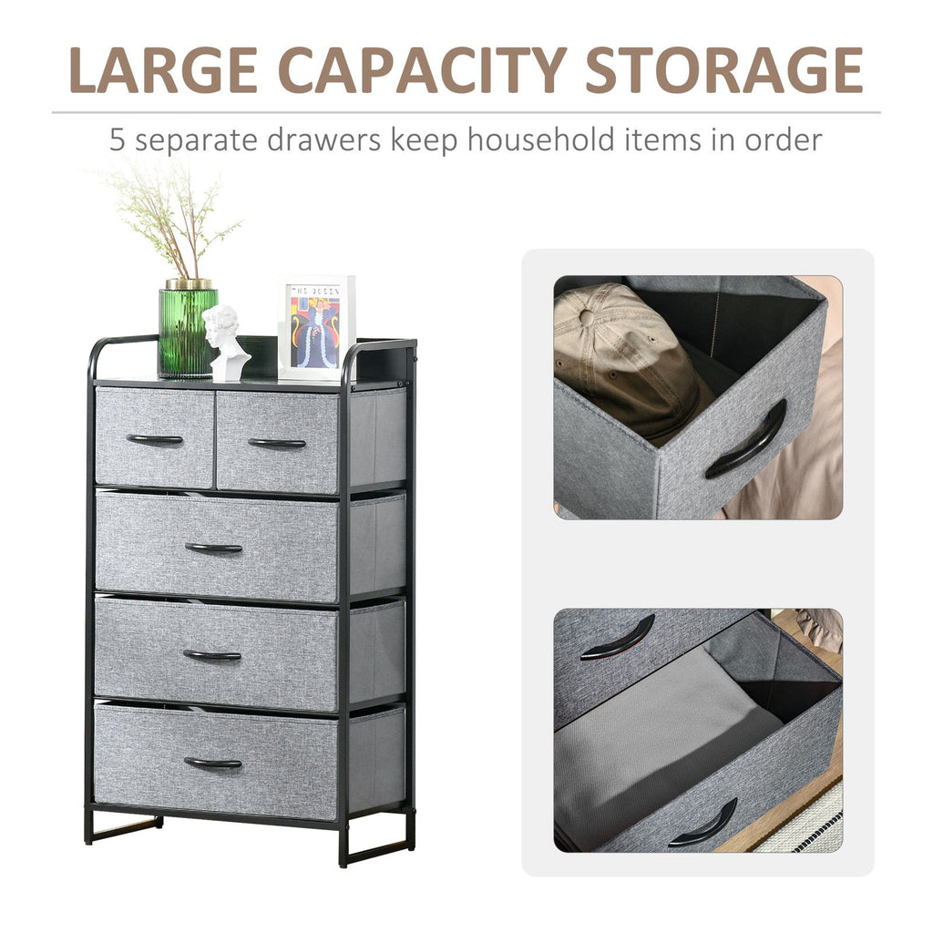 5-Drawer Dresser Tower 4-Tier Storage Organizer with Steel Frame Wooden Top for Bedroom Hallway Closets Grey