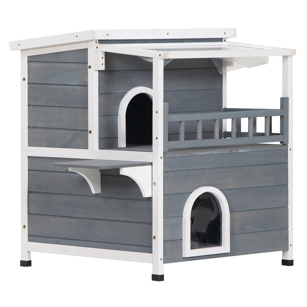 2-Story Weatherproof Wood Cat House with Balcony Cat Shelter Condo Enclosure for Indoor & Outdoor Use Kitty House with Escape Door, Grey