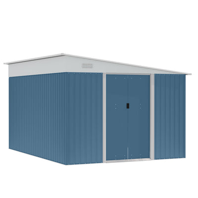 11' x 9' Steel Garden Storage Shed Outdoor Metal Lean To Tool House with Double Sliding Lockable Doors & 2 Air Vents, Blue