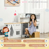 2Pcs Kids Play Kitchen Set with Lights Sounds, Kids Kitchen Playset with Stool, Oven, Coffee Maker, Ice Maker, Washing Machine, Microwave, Range Hood, Refrigerator, Sink, Utensils, White