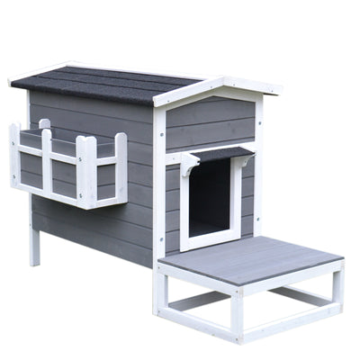Wooden Wooden Cat House Feral Cat Shelter Kitten Condo with Escape Door, Porch and Flower Stand - Dark Grey/White