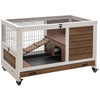 Rabbit Hutch on Wheels Indoor Bunny Cage Small Animal House with Pull Out Tray Casters Ramp, 35.5" x 21" x 23", Brown