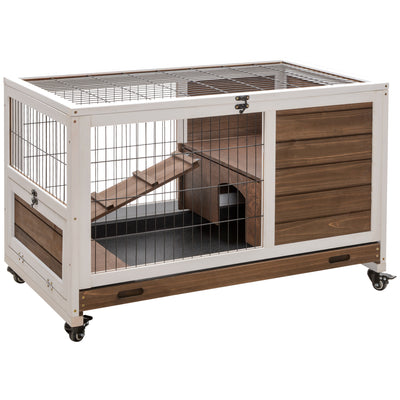 Rabbit Hutch on Wheels Indoor Bunny Cage Small Animal House with Pull Out Tray Casters Ramp, 35.5