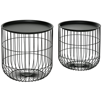 Coffee Table Set, Nest of Coffee Tables with Steel Wired Basket Body and Removable Top for Living Room, Black