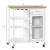 Rolling Kitchen Island Cart on Wheels, Portable Kitchen Cart with Slatted Shelf, Bamboo Grain Tabletop and Handle, Acrylic Door, White