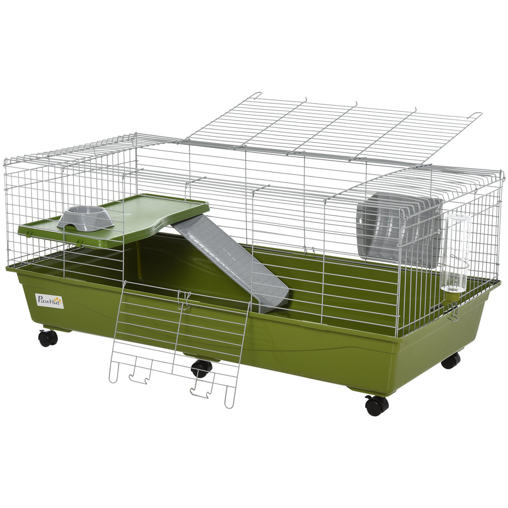 47" Small Animal Cage Chinchilla Guinea Pig Hutch Ferret Pet House with Platform Ramp, Food Dish, Wheels, & Water Bottle