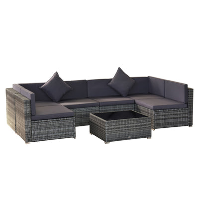 7-Piece Patio Furniture Sets Outdoor Wicker Conversation Sets All Weather Rattan Sofa set with Cushions & Tempered Glass Desktop, Grey