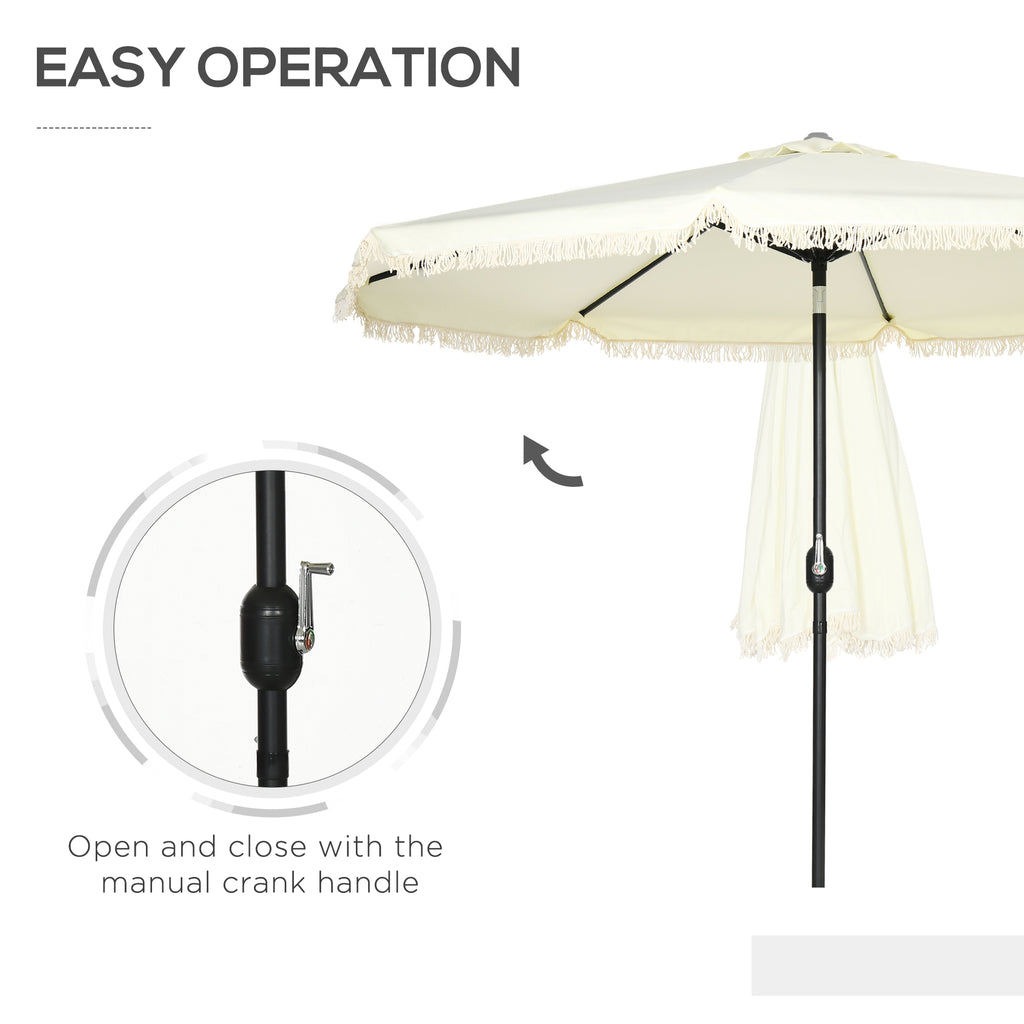 9ft Patio Umbrella with Push Button Tilt and Crank, Outdoor Market Table Umbrella with Fringed Tassles and 8 Ribs, for Garden, Deck, Pool, Cream White