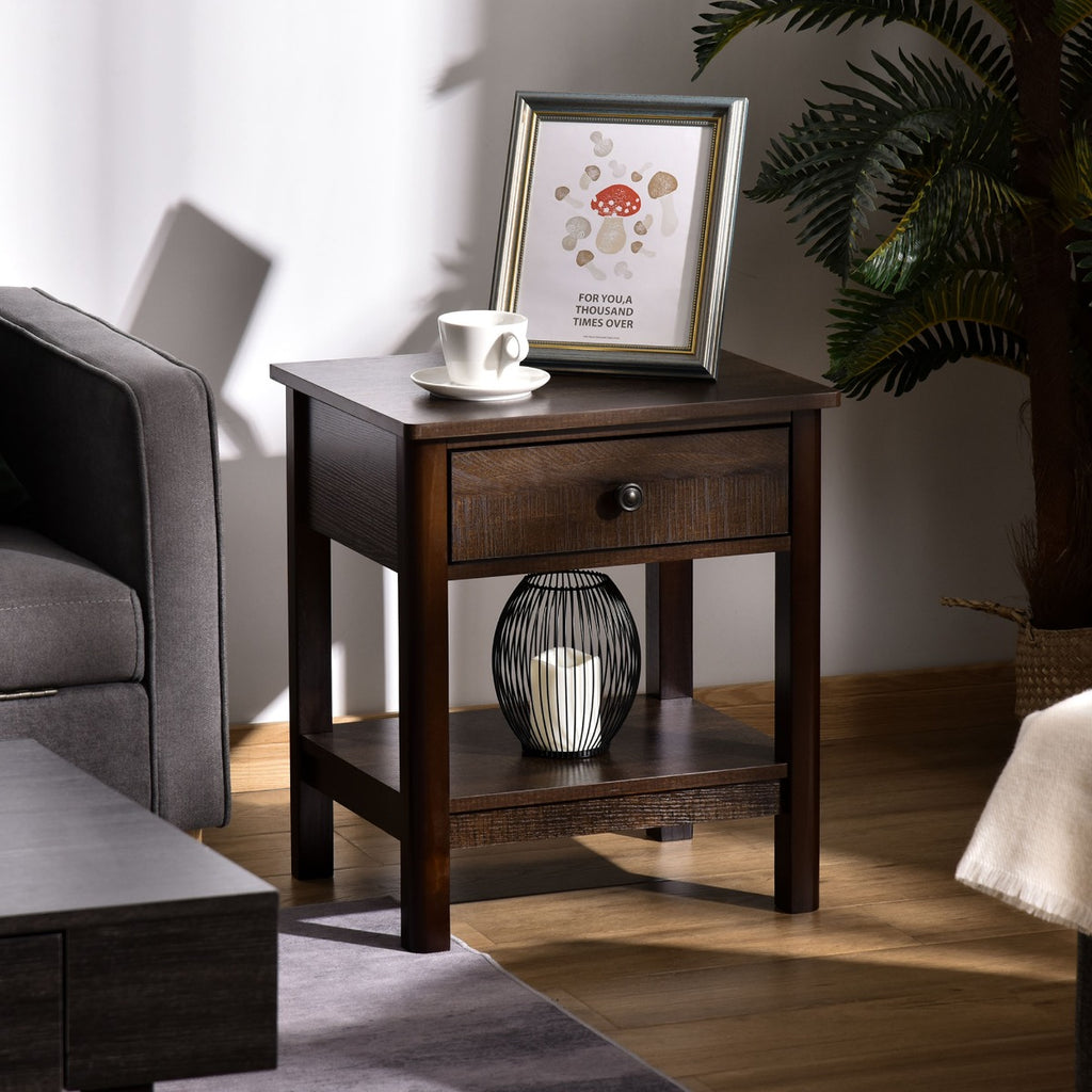 Bedside Night Stand with Drawer, Top and Bottom Shelf for Small Spaces, Dark Brown