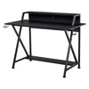 Racing Gaming Desk Carbon Fiber Style Computer Table with Elevated Monitor Shelf, Headphone Hook and Cup Holder, Black