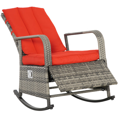 Outdoor Rattan Wicker Rocking Chair Patio Recliner with Soft Cushion, Adjustable Footrest, Max. 135 Degree Backrest, Red