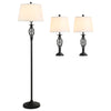 3 Pieces Table Floor Lamp Set with Metal Pole  Round Base and Fabric Lampshade  for Living Room  Dining Room  Bedroom  Black and White