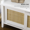 Entry Way Bench Shoe Storage Bench with Shoe Cabinets 2 Rattan Sliding Doors and Pine Wood Legs for Hallway White