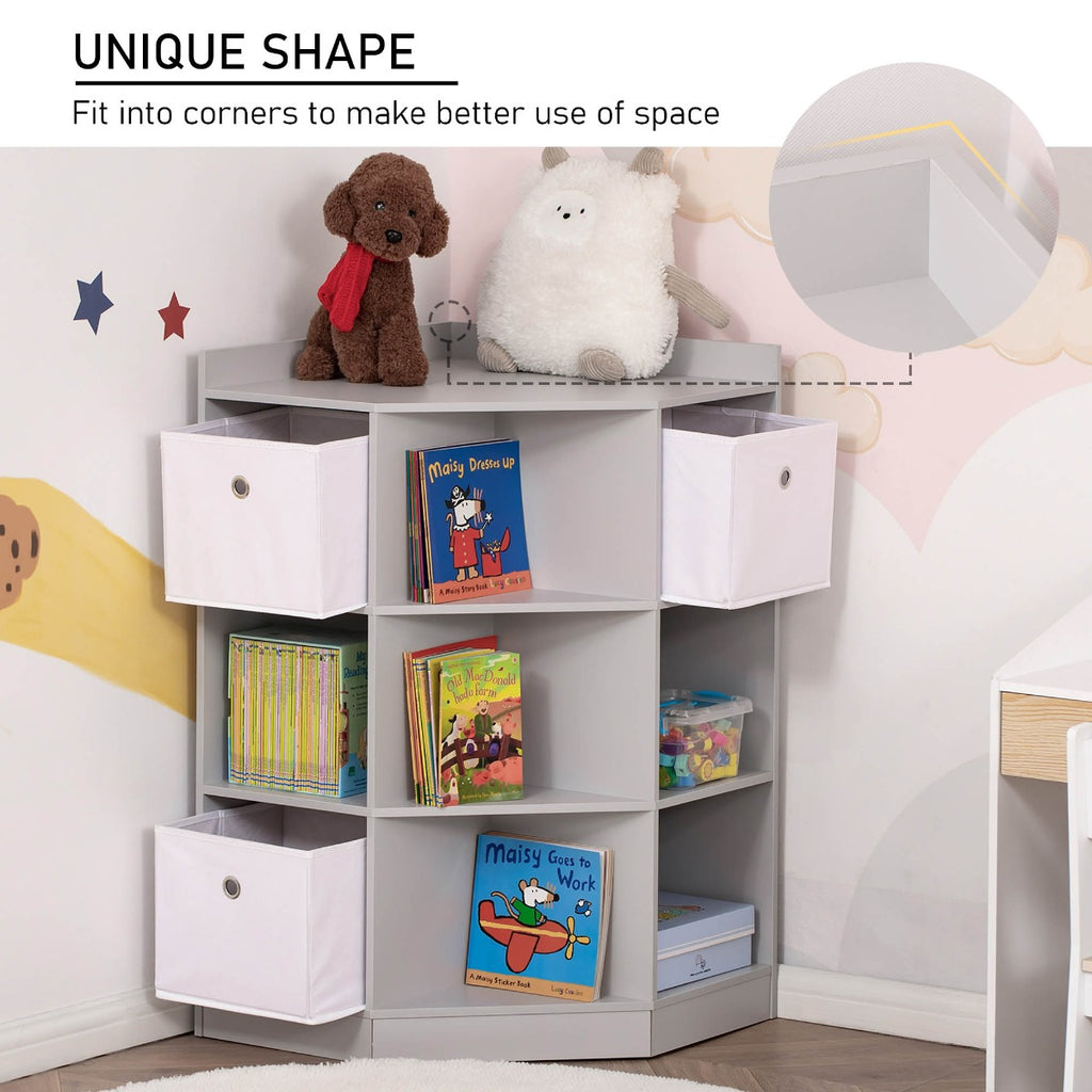 Wooden Kids Cabinet Freestanding Corner Storage Drawer Clothes Organizer Dresser Children Bookcase Display Shelf for Bedroom, Grey