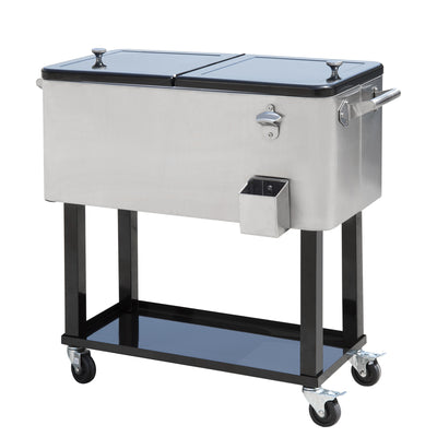 80 QT Rolling Cooling Bins Ice Chest on Wheels Outdoor Stand Up Drink Cooler Cart for Party, Stainless Steel